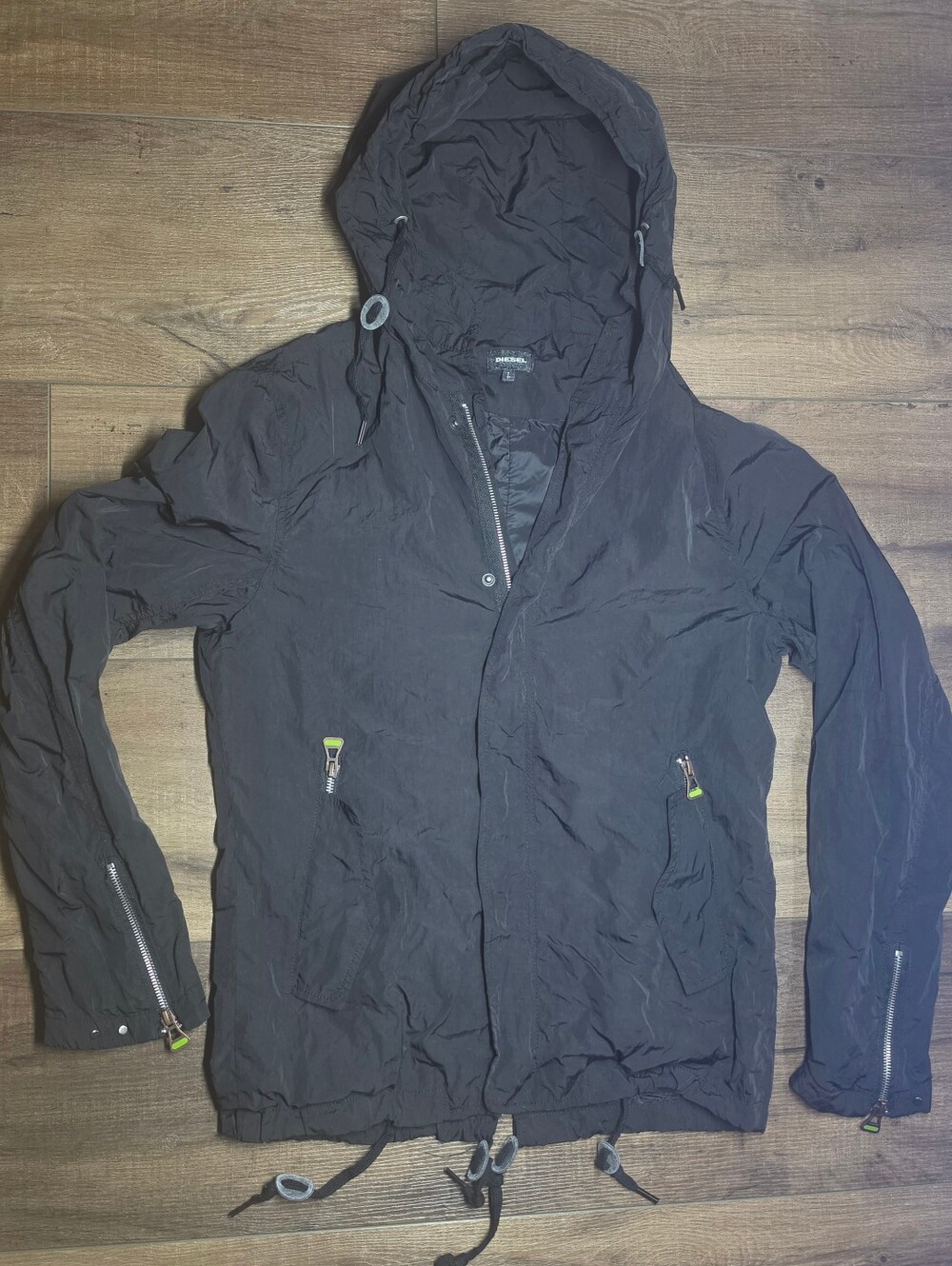 Diesel Men’s Black Hooded Cotton Utility Jacket - Neon Accents Zipper Cuffs L